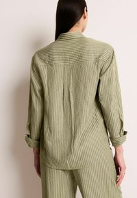 Chemise boutonnée rayée vert clair, à coupe décontractée, avec des manches retroussées et un tissu texturé. Détail de pli visible au dos.