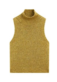 Maglione senza maniche color giallo senape con collo alto, realizzato in un tessuto a maglia testurizzata, con bordo e orlo a coste. Design semplice e minimalista.
