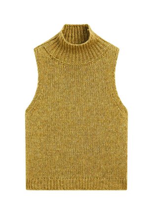 Mustard yellow sleeveless turtleneck sweater made of textured knit fabric with a ribbed collar and hemline. Simple, minimalist design.