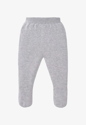Pantalon pour bébé en maille gris clair avec pieds couverts et taille élastique côtelée, conçu pour la chaleur et le confort.