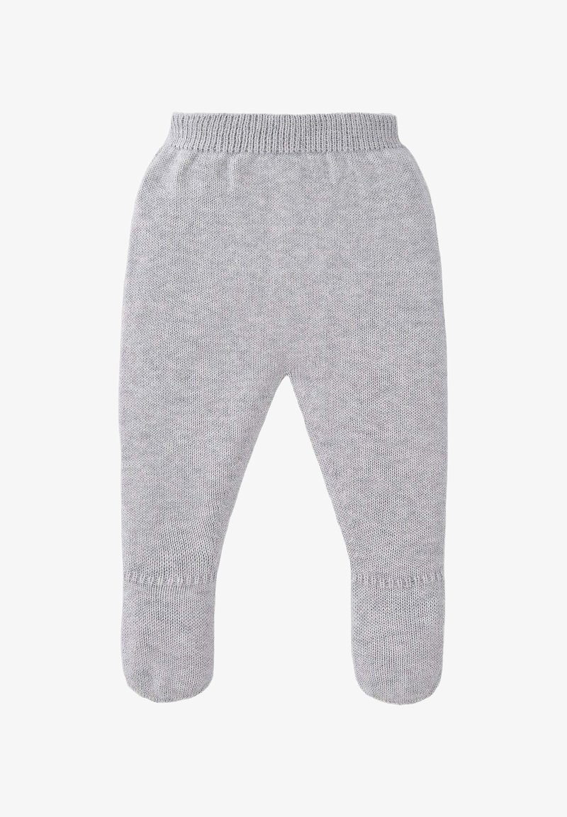 Pantalon pour bébé en maille gris clair avec pieds couverts et taille élastique côtelée, conçu pour la chaleur et le confort.