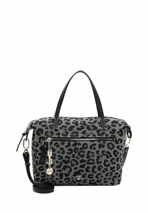 Gray leopard-print handbag with black leather accents, dual handles, a detachable strap, and a front zip pocket featuring metallic hardware.
