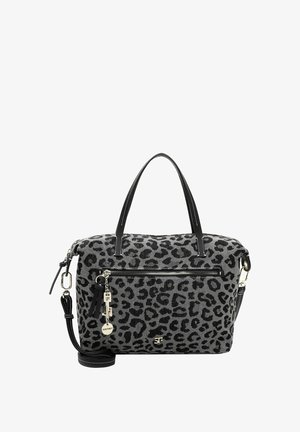Szara torebka w leopardzi wzór z czarnymi skórzanymi akcentami, podwójnymi uchwytami, odpinanym paskiem oraz dużą kieszenią na zamek z metalowymi detalami.