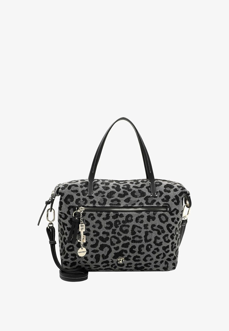 Harmaa leopardi-kuosis laukku mustilla nahkakiinnityksillä, kaksinkertaisilla kahvoilla, irrotettavalla hihnalla ja etupuskuri-taskulla, jossa on metalliset yksityiskohdat.