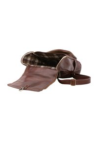 Borsa in pelle marrone con apertura a zip, dotata di una fodera interna a quadri e di una tracolla regolabile. Texture liscia e senza hardware visibile.