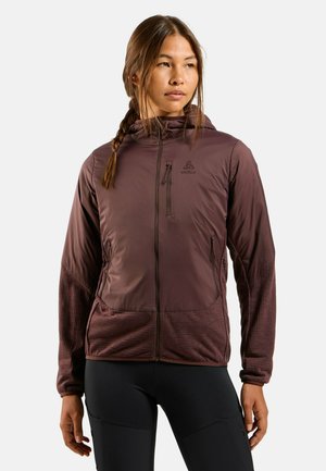 Maroon hooded jacket with textured sleeves, zippered pockets, and a logo on the chest. Made from lightweight, weather-resistant material.
