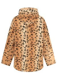 Bluza z kapturem w panterkę w kolorze beżowym i czarnym, z długimi rękawami, luźnym krojem oraz dużą kieszenią z przodu.