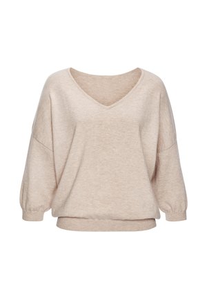 Beige oversized V-neck sweater with balloon sleeves and ribbed cuffs and hem, displayed on a white background.