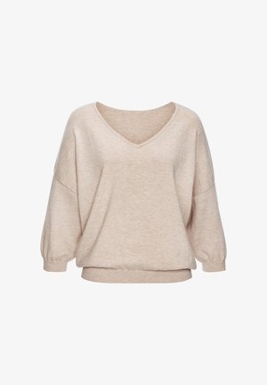 Beiger übergroßer V-Ausschnitt-Pullover mit Ballonärmeln und gerippten Bündchen und Saum, dargestellt auf weißem Hintergrund.