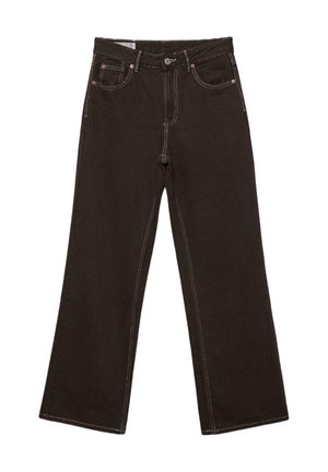 Mustat leveälahkeiset farkut kontrastivalkoisin ompelein, edessä nappi, vetoketjusuljenta ja viiden taskun malli.