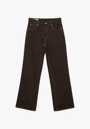 Mustat leveälahkeiset farkut kontrastivalkoisin ompelein, edessä nappi, vetoketjusuljenta ja viiden taskun malli.