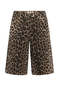 Shorts mi-longs avec un motif léopard marron et noir, munis d’une fermeture à bouton et zip, de passants pour ceinture et de poches avant.