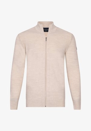 Mann trägt einen beigefarbenen Reißverschluss-Pullover über einem gemusterten Hemd, die Arme verschränkt und eine Hand nahe am Gesicht erhoben.