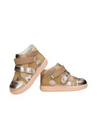 Chaussures montantes pour enfants beige et rose métallisé avec brides Velcro, détails visage et oreilles de souris, et semelles en caoutchouc souple.