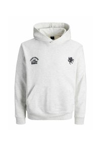 Szara bluza z kapturem, wykonana z miękkiego materiału, z przednią kieszenią kangurkową, haftowanym logo na piersi oraz ściągaczami na rękawach i u dołu.