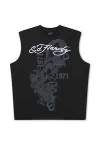 Black sleeveless shirt with "Ed Hardy" text, a detailed dragon graphic, and "1971" printed on the front.