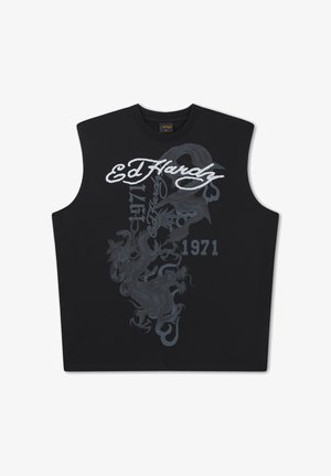 Schwarzes ärmelloses Shirt mit dem Schriftzug "Ed Hardy", einer detaillierten Drachengrafik und der Aufschrift "1971" auf der Vorderseite.
