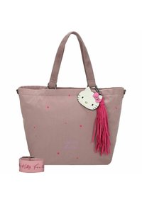 Roze stoffen tote bag met een Hello Kitty-hanger met een strik, decoratieve roze kwastjes en kleine steraccenten. Inclusief een bijpassende schouderband.