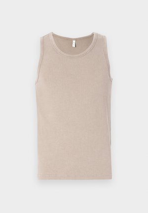 Beige ermeløs tank topp med rund hals, laget av mykt stoff. Har rene linjer og rett snitt for en enkel silhuett.