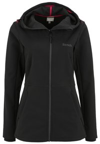 Veste zippée noire pour femme avec capuche, poches latérales et logo discret "Bench." sur la poitrine, avec des accents roses à l'intérieur de la capuche.