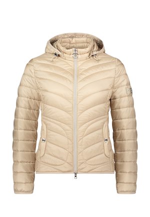 Beżowa pikowana kurtka puchowa z pikowanym wzorem, kapturem, zapięciem na zamek i bocznymi kieszeniami. Posiada srebrne elementy oraz gładką, błyszczącą teksturę.