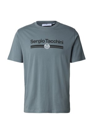 Grijze katoenen T-shirt met korte mouwen, met een zwart logo "Sergio Tacchini" en een horizontaal streeppatroon over de borst.