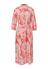 Koronkowa sukienka koszulowa w kolorze koralowym z białym abstrakcyjnym wzorem liści, długimi rękawami, zapięciem na guziki z przodu oraz pasującym paskiem z tkaniny umożliwiającym regulację dopasowania.