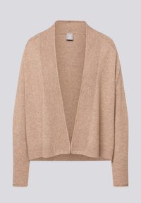 Hellbraune Strickjacke aus weichem Strickmaterial. Verfügt über offene Vorderseite, gerippte Bündchen und strukturierte Details entlang der Kanten. Keine Verschlüsse.