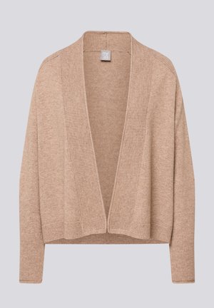 Hellbraune Strickjacke aus weichem Strickmaterial. Verfügt über offene Vorderseite, gerippte Bündchen und strukturierte Details entlang der Kanten. Keine Verschlüsse.