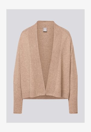 Hellbraune Strickjacke aus weichem Strickmaterial. Verfügt über offene Vorderseite, gerippte Bündchen und strukturierte Details entlang der Kanten. Keine Verschlüsse.