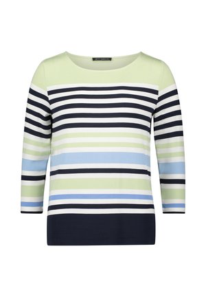 Langærmet sweater med vandrette striber i marineblå, hvid, lysegrøn og lyseblå, rund halsudskæring samt tætsiddende ærmer og kant nederst.
