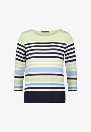 Langærmet sweater med vandrette striber i marineblå, hvid, lysegrøn og lyseblå, rund halsudskæring samt tætsiddende ærmer og kant nederst.