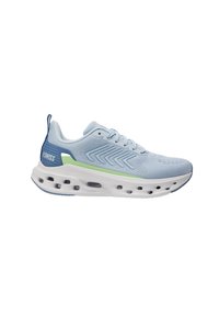 Scarpa sportiva azzurro chiaro con tomaia in rete, accento verde, suola spessa bianca e fori di ammortizzazione neri. Presenta punta rotonda e tallone rinforzato.