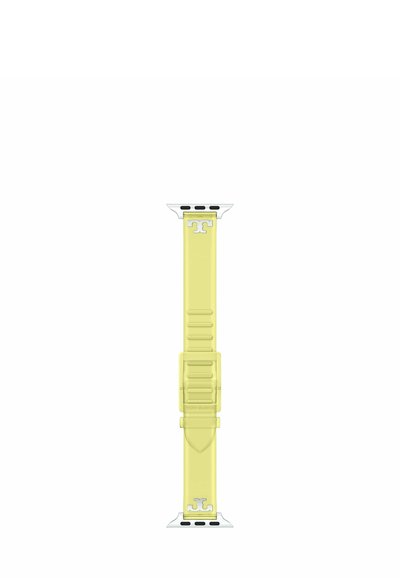 Bracelet de montre en cuir jaune avec connecteurs argentés et logo Tory Burch embossé aux deux extrémités, avec boucle réglable.