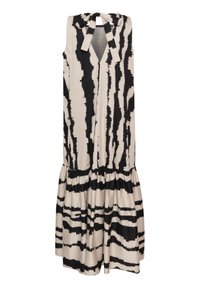 Robe beige sans manches avec des rayures verticales noires irrégulières, col en V, col noué avec un nœud et jupe à volants froncée.