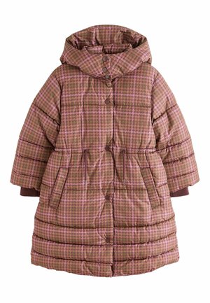 Lange gewatteerde jas met capuchon in bruin-roze pied-de-poulemotief, knoop- en ritsluiting, zijzakken met trekkoordsdetail.