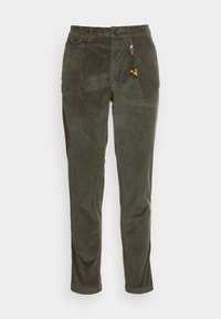 Olivgröna kordflorte-byxor med en texturerad yta, två framfickor och en dekorativ dragkedjehake med pärlor och läderdetalj.