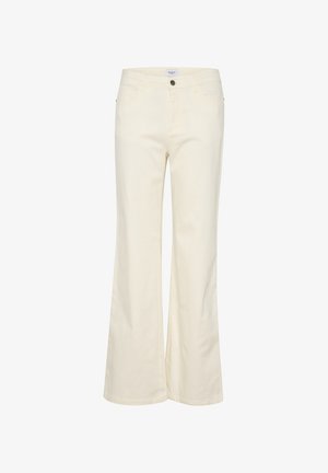 Jasnożółte dżinsy dzwonowate wykonane z bawełny, z pięcioma kieszeniami, zapięciem na guzik oraz delikatnymi detalami przeszycia.