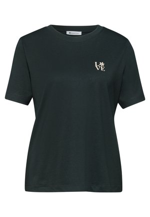 Sort t-shirt med korte ærmer og rund halsudskæring med lille beige "LOVE" tekst og blomster grafik på øverste venstre bryst.