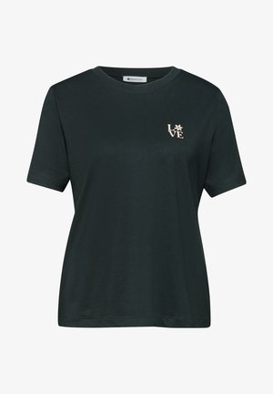 Zwart T-shirt met korte mouwen en ronde hals met kleine beige "LOVE" tekst en bloemmotief op de bovenste linkerborst.