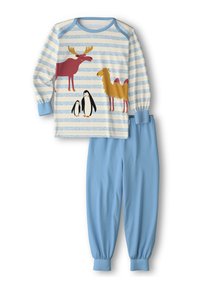 Gestreept pyjamapakket met een crèmekleurig bovenstuk met dierenafbeeldingen in rood, geel en zwart. Blauwe broek met elastische manchetten, gemaakt van zacht materiaal.