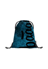 Borsa a sacco con sfondo testurizzato blu e grande sovrapposizione di testo nero "bag". Corde grigie regolabili per la chiusura e il trasporto.