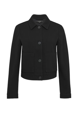Black cropped jacket made of textured fabric, featuring a collared neck, front button closure, and two large front pockets.