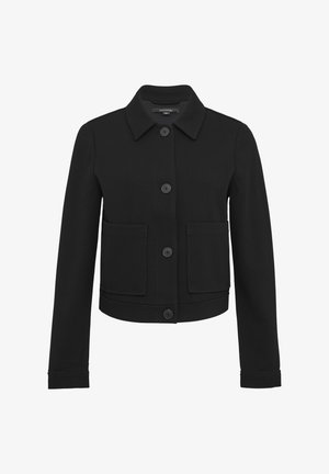 Black cropped jacket made of textured fabric, featuring a collared neck, front button closure, and two large front pockets.