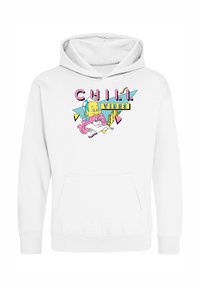 Sudadera blanca con un bolsillo frontal; presenta un gráfico colorido con el texto "CHILL VIBES" y elementos de dibujos animados en rosa, amarillo y azul.