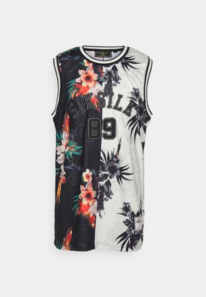 Sportowa koszulka bez rękawów z czarno-białymi kwiatowymi połowami, napisem "SIKSILK", numerem 89 i paskami przy kołnierzu i pachach.