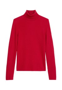 Roter gerippter Rollkragenpullover mit langen Ärmeln und körpernaher Passform. Hergestellt aus dehnbarem Stoff, zeichnet er sich durch eine glatte Textur und einen mittellangen Schnitt aus.