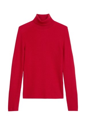 Red ribbed turtleneck sweater with long sleeves and a fitted design. Made from stretchy fabric, it features a smooth texture and mid-length cut.