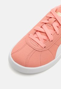 Sapatilha rosa em camurça com sola de borracha branca, apresentando atacadores planos e detalhes cosidos. Acento de metal dourado perto dos atacadores.