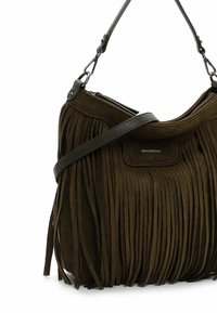 Olive green suede bag with long vertical fringe detailing. Features a dark leather strap and zip closure, showcasing a soft texture.